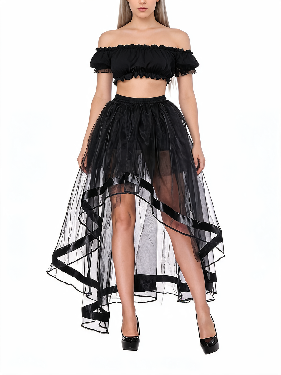 Sheer Tulle Ribbon Trim High Low Skirt