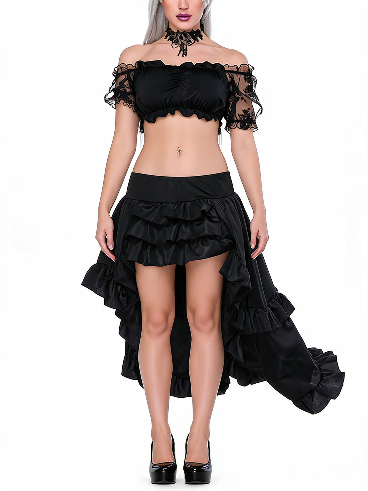 Ruffled High Low Satin Skirt