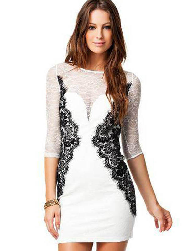 Long Sleeve Lace Panel Bodycon Dress