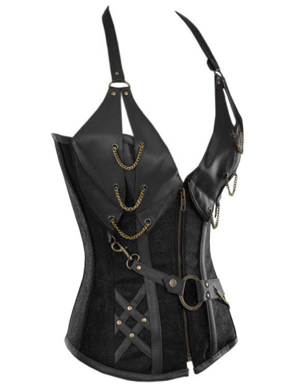 Corset With Faux Leather Halterneck