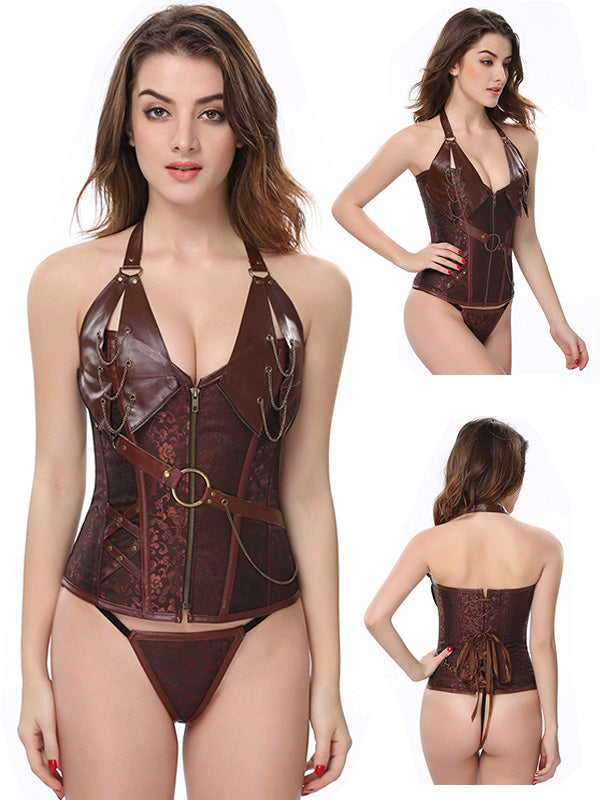 Corset With Faux Leather Halterneck