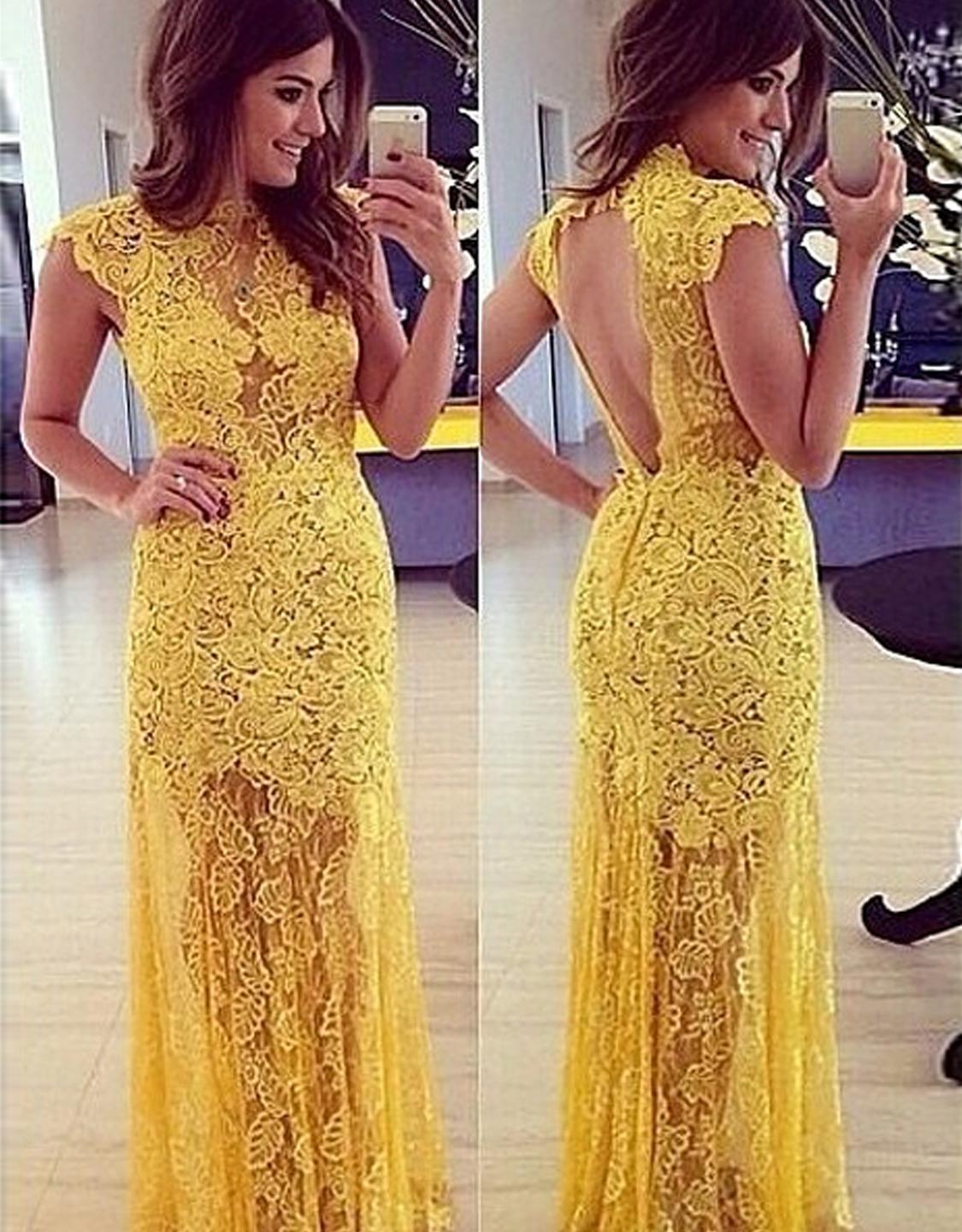 Yellow Lace Tulle Maxi Dress