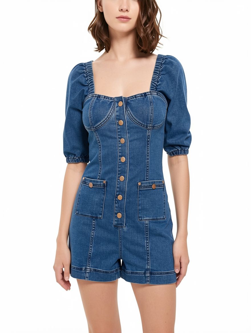 Women Fashion Short Sleeve Denim Romper