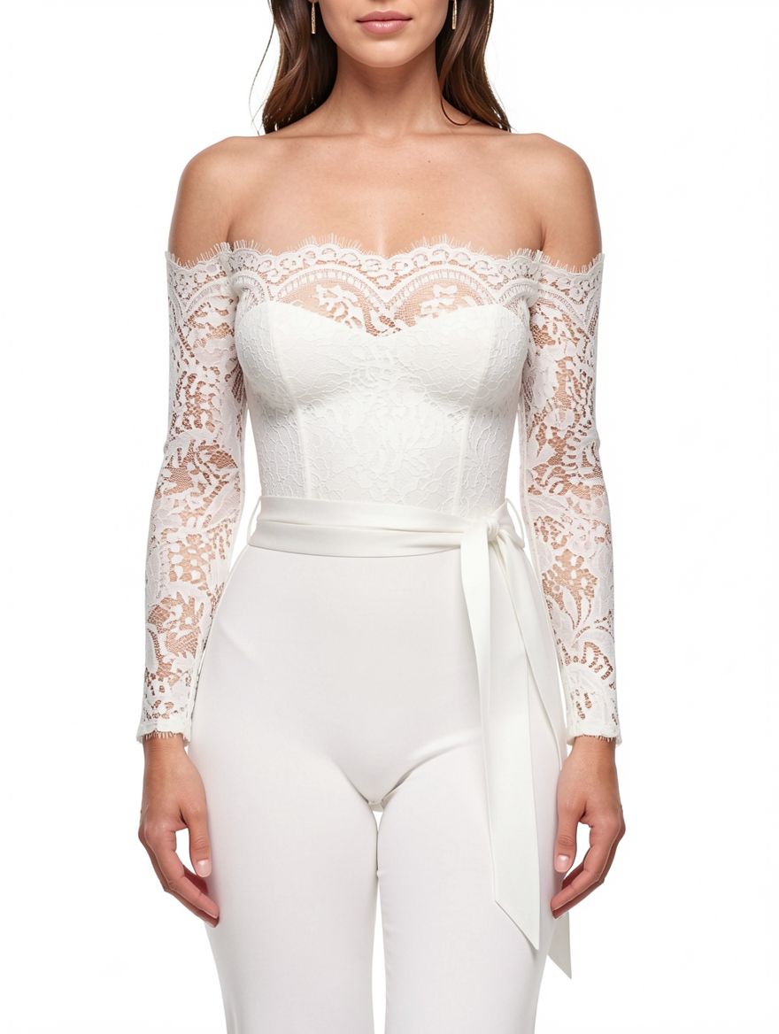 White Dew Shoulder Lace Trim Patchwork Jumpsuits