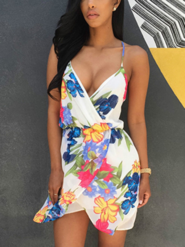 V Neck Sleeveless Floral Print Bohemian Dress