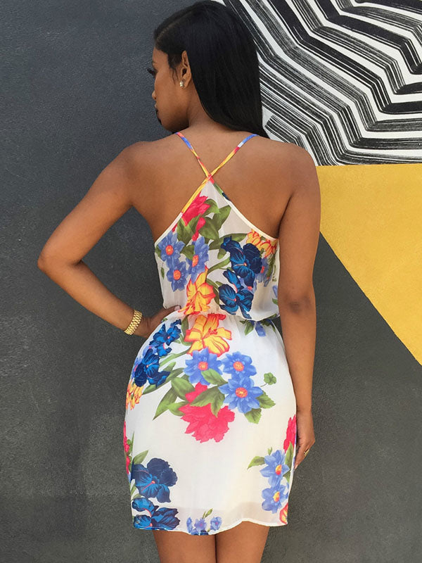 V Neck Sleeveless Floral Print Bohemian Dress