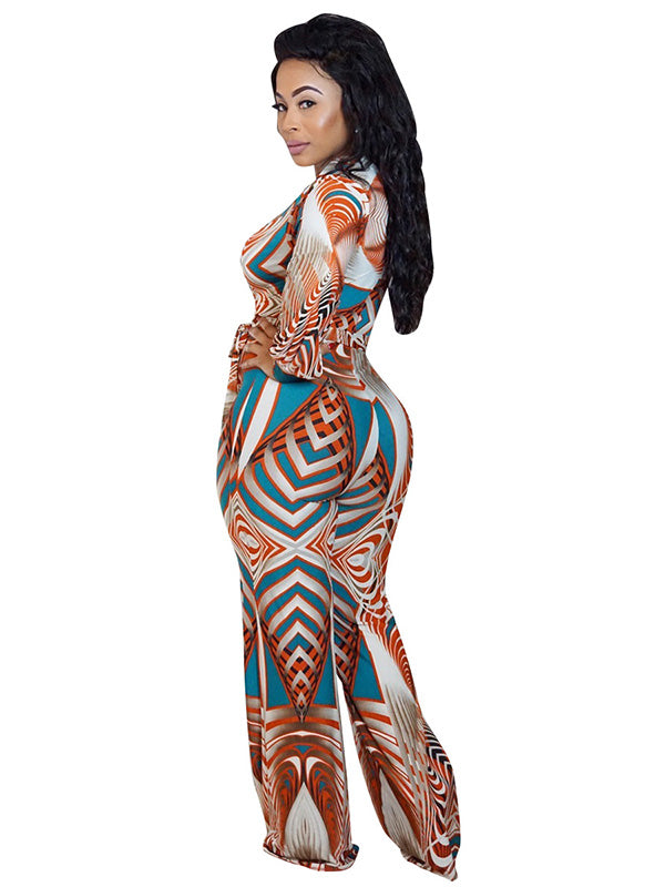 Orange V Neck Printed One-piece Jumpsuits