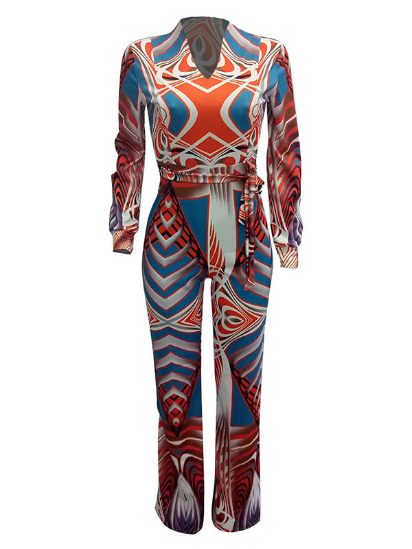 Orange V Neck Printed One-piece Jumpsuits