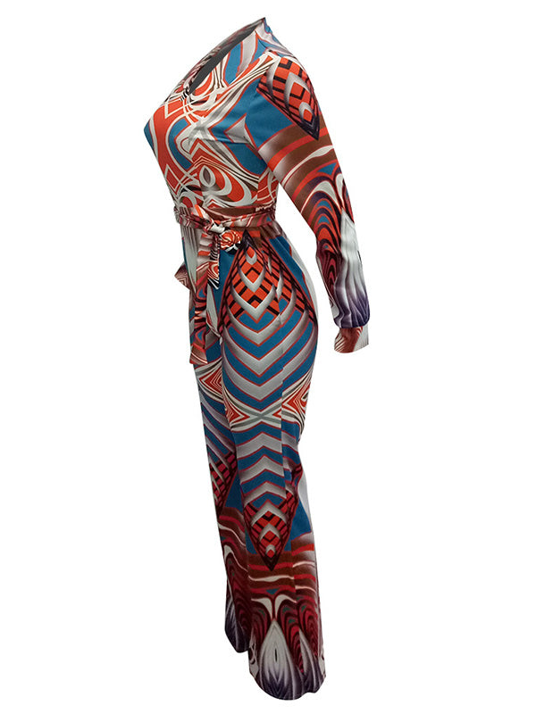 Orange V Neck Printed One-piece Jumpsuits