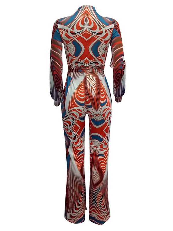 Orange V Neck Printed One-piece Jumpsuits