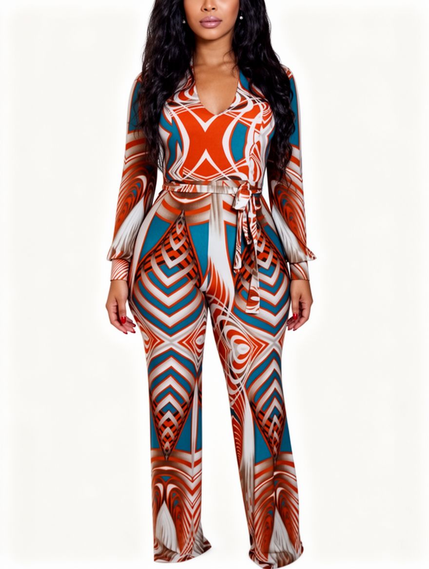 Orange V Neck Printed One-piece Jumpsuits