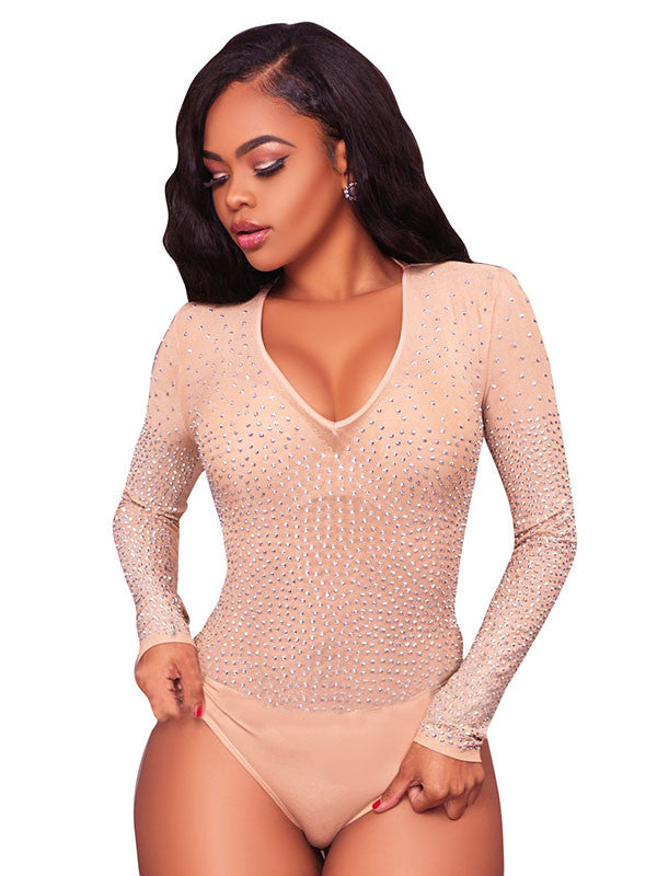Pink Sexy V Neck Hot Drilling Decorative Bodysuit