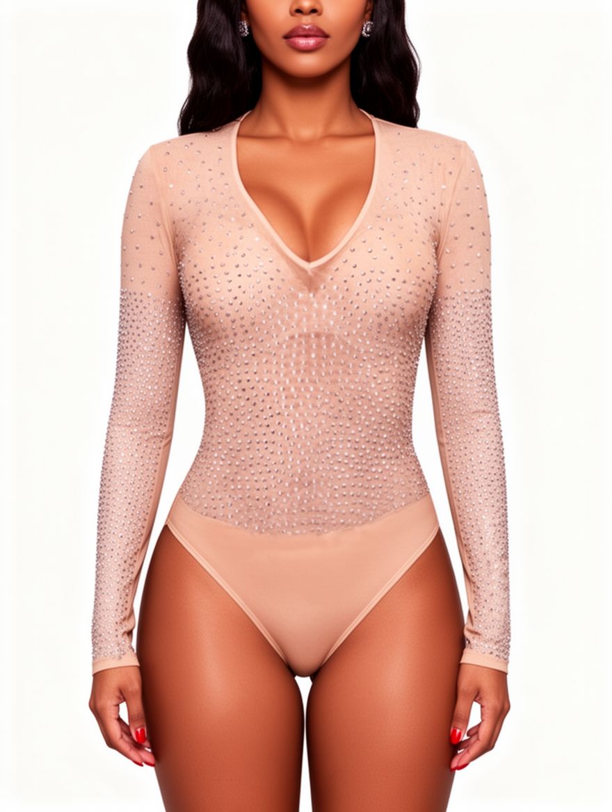 Pink Sexy V Neck Hot Drilling Decorative Bodysuit
