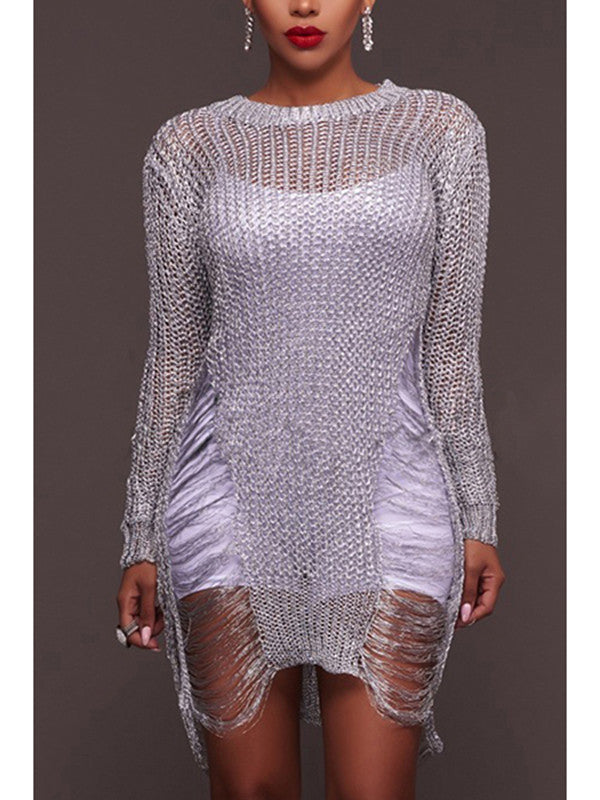 Metallic Open Knit Distressed Sweater Dress