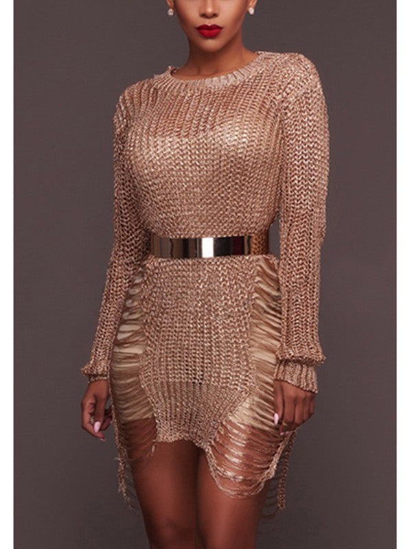 Metallic Open Knit Distressed Sweater Dress