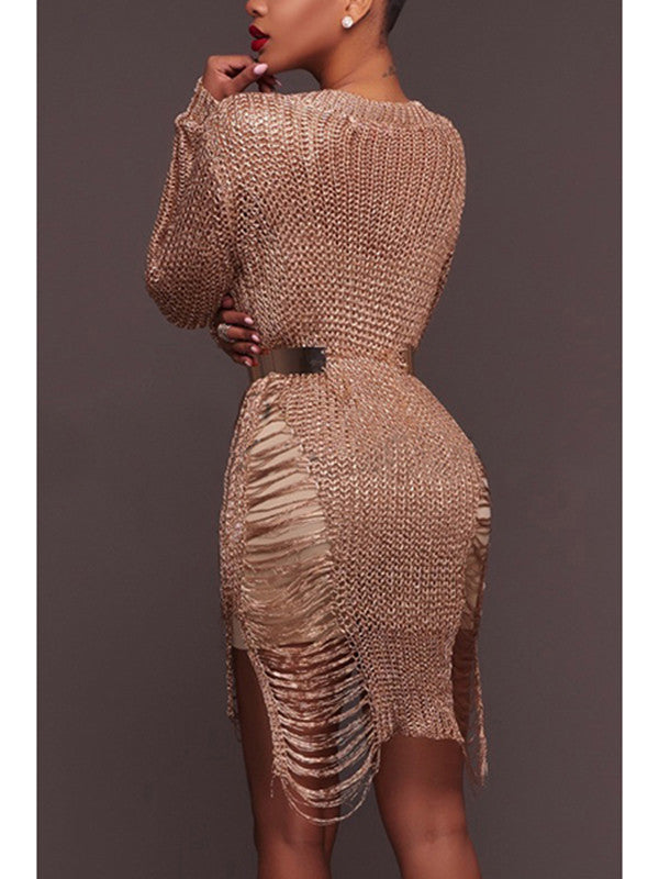 Metallic Open Knit Distressed Sweater Dress