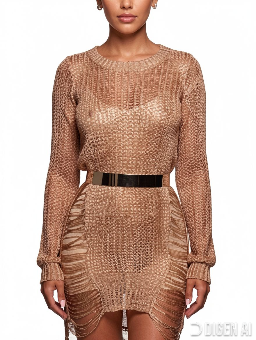 Metallic Open Knit Distressed Sweater Dress