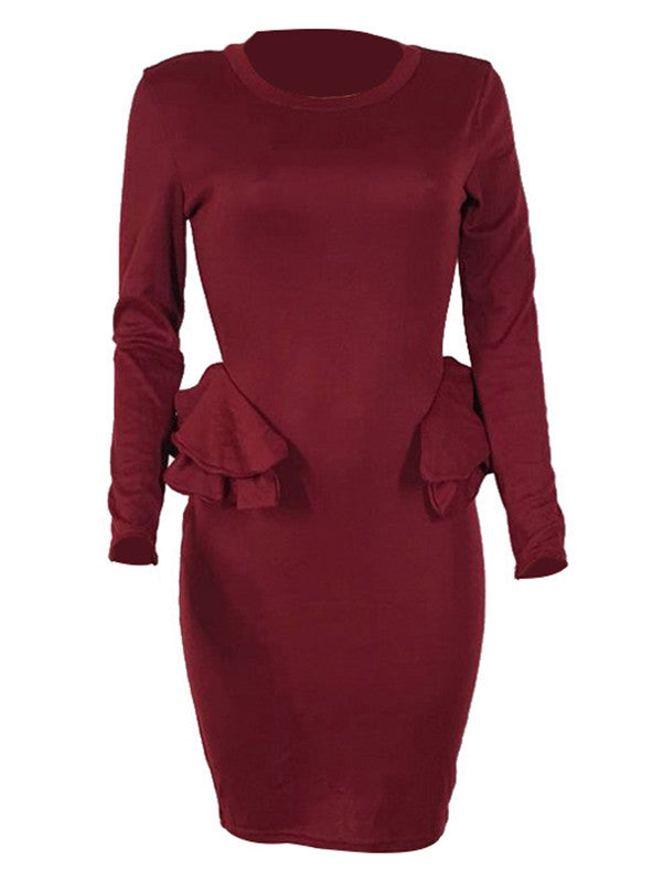 Round Neck Long Sleeve Peplum Midi Dress