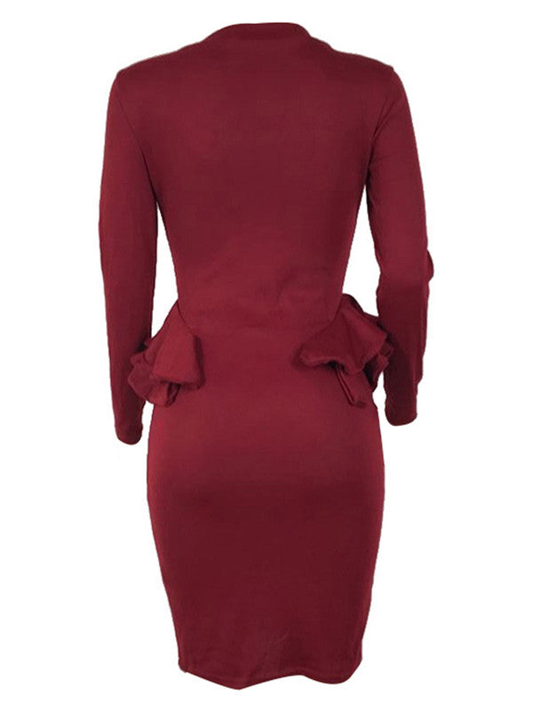 Round Neck Long Sleeve Peplum Midi Dress