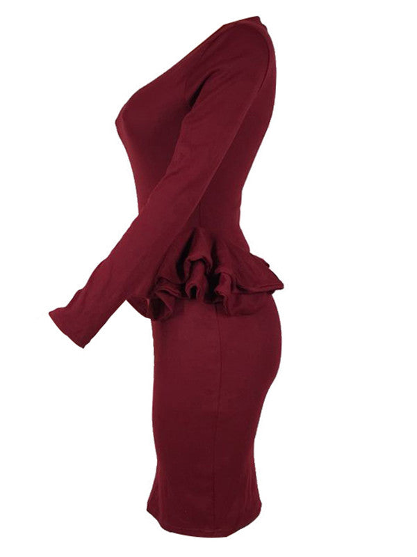 Round Neck Long Sleeve Peplum Midi Dress