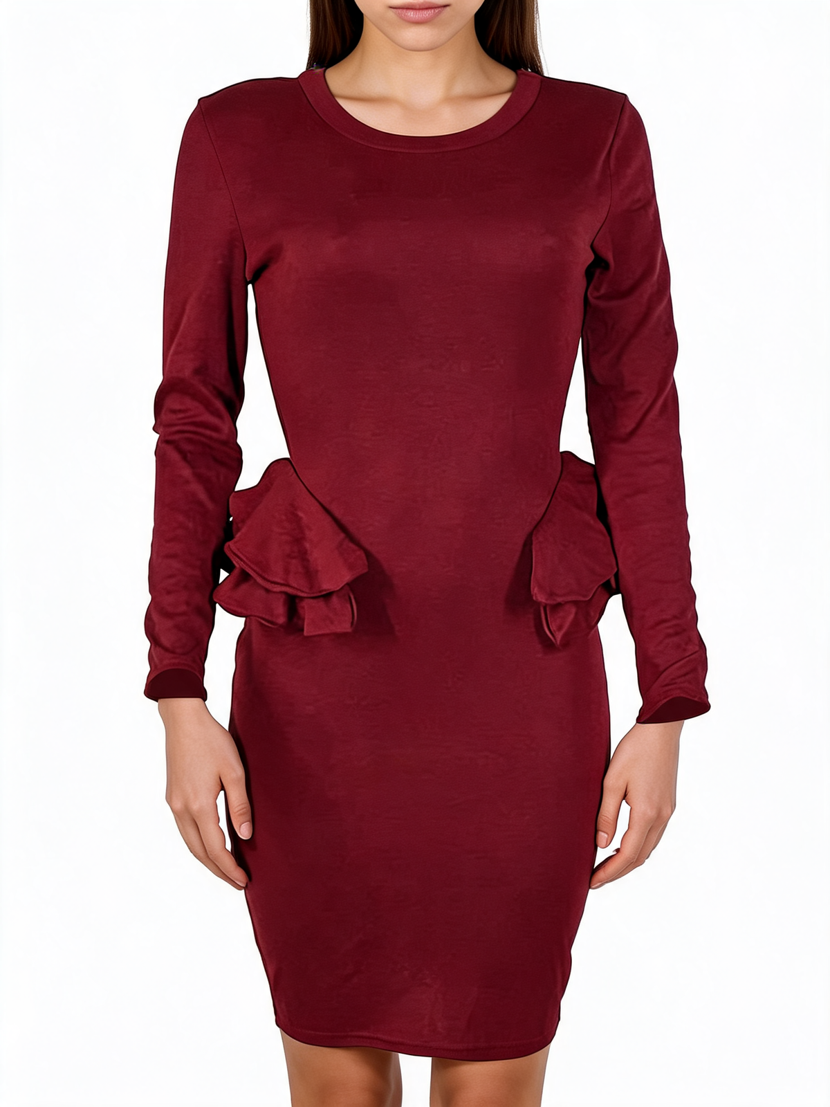 Round Neck Long Sleeve Peplum Midi Dress