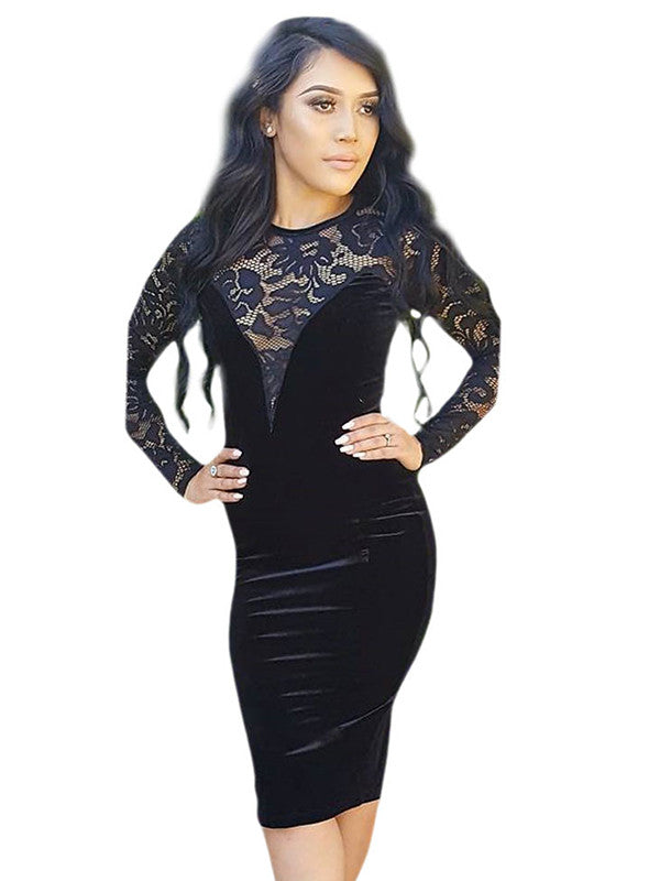 Round Neck Sheer Lace Velvet Knee Length Dress