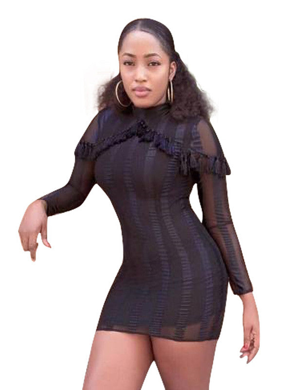 Round Neck Sheer Lace Ruffle Dress
