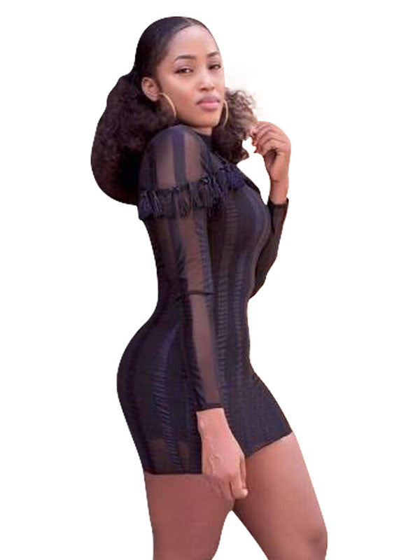 Round Neck Sheer Lace Ruffle Dress