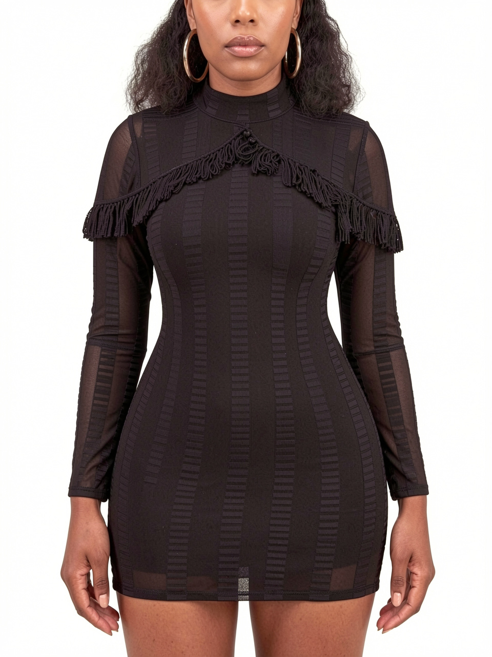 Round Neck Sheer Lace Ruffle Dress