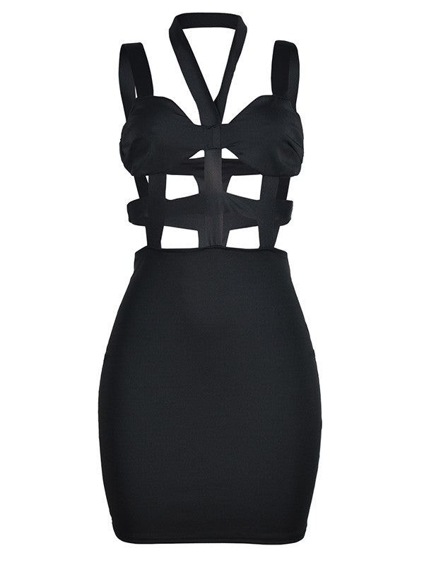 Caged Cut-Out Halter Bodycon Mini Dress
