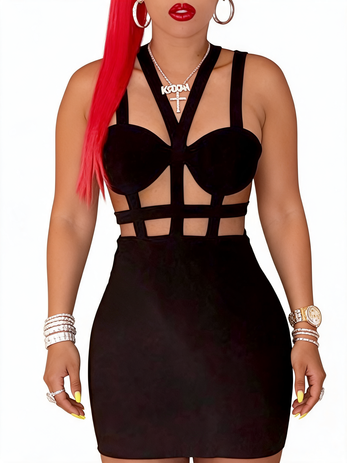 Caged Cut-Out Halter Bodycon Mini Dress