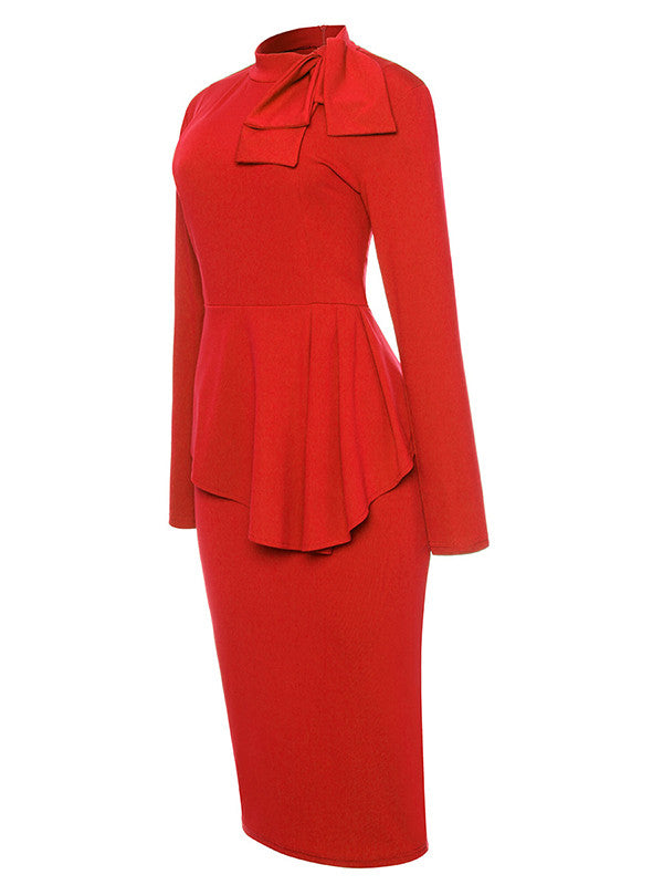 Bow Neck Long Sleeve Drape Peplum Midi Dress