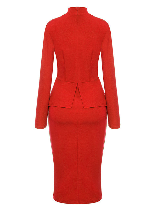 Bow Neck Long Sleeve Drape Peplum Midi Dress