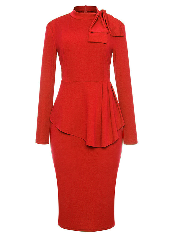 Bow Neck Long Sleeve Drape Peplum Midi Dress