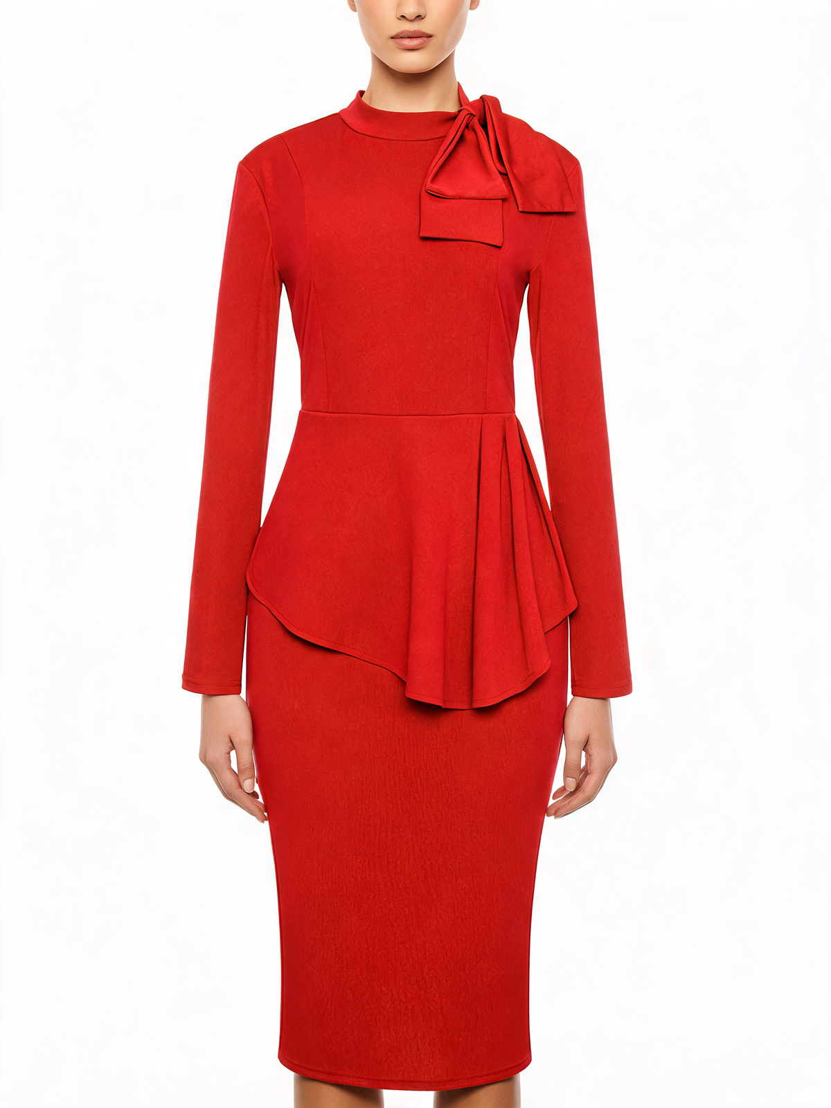 Bow Neck Long Sleeve Drape Peplum Midi Dress