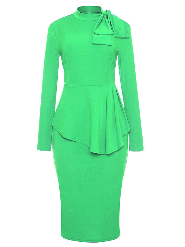 Bow Neck Long Sleeve Drape Peplum Midi Dress