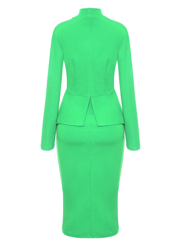 Bow Neck Long Sleeve Drape Peplum Midi Dress