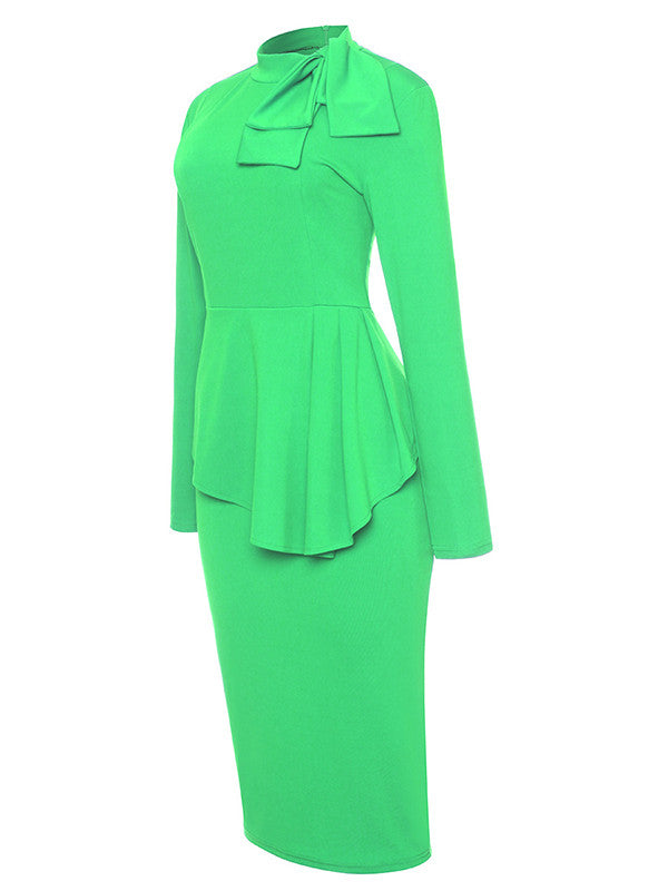 Bow Neck Long Sleeve Drape Peplum Midi Dress