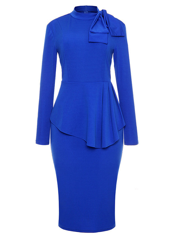 Bow Neck Long Sleeve Drape Peplum Midi Dress