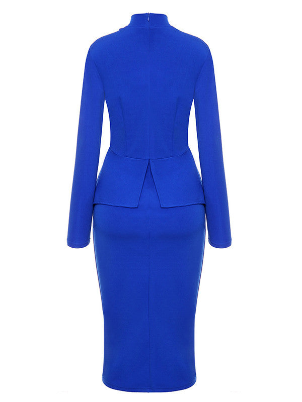 Bow Neck Long Sleeve Drape Peplum Midi Dress