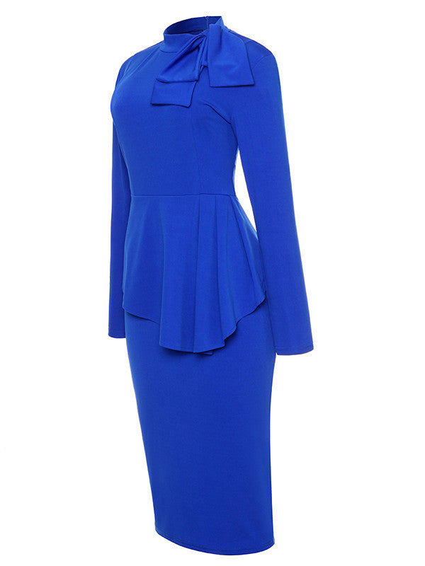 Bow Neck Long Sleeve Drape Peplum Midi Dress