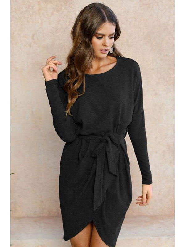 Tie Waist Long Sleeve Wrap Hem Sweater Dress