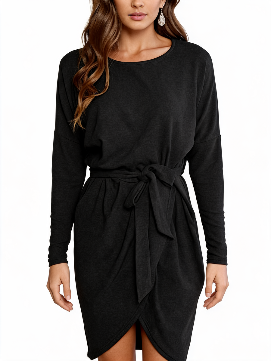 Tie Waist Long Sleeve Wrap Hem Sweater Dress