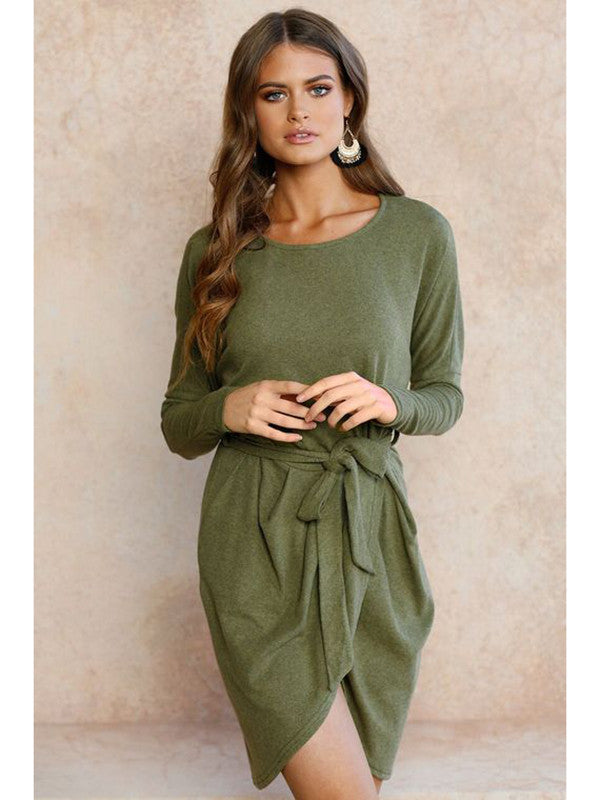Tie Waist Long Sleeve Wrap Hem Sweater Dress