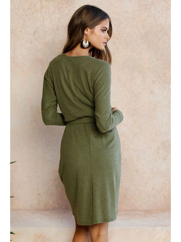 Tie Waist Long Sleeve Wrap Hem Sweater Dress