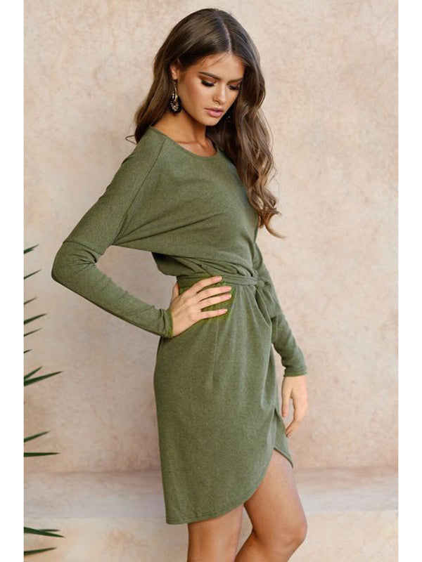 Tie Waist Long Sleeve Wrap Hem Sweater Dress
