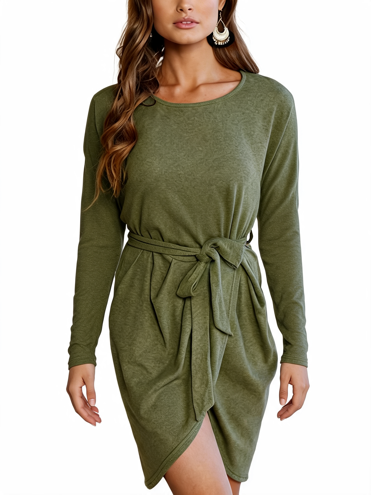 Tie Waist Long Sleeve Wrap Hem Sweater Dress