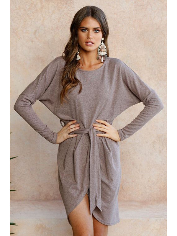 Tie Waist Long Sleeve Wrap Hem Sweater Dress