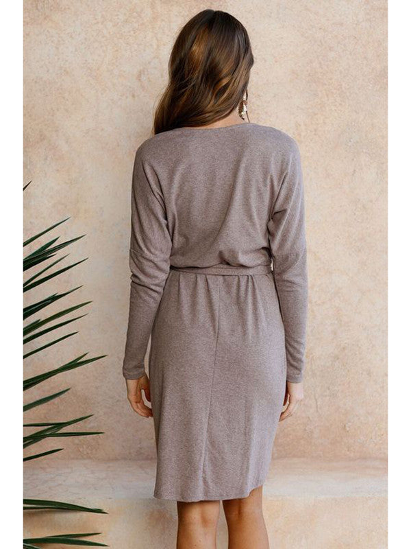 Tie Waist Long Sleeve Wrap Hem Sweater Dress