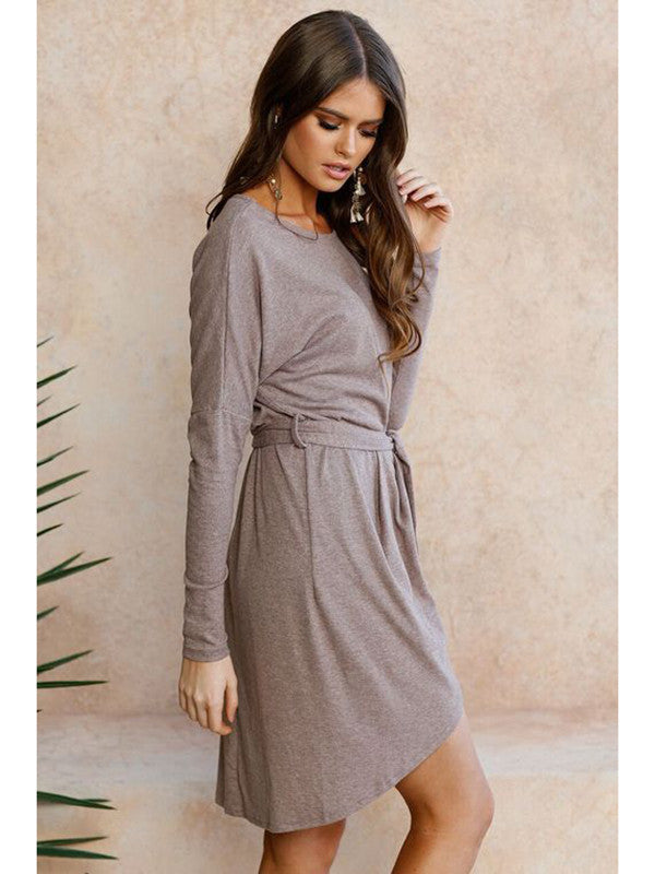 Tie Waist Long Sleeve Wrap Hem Sweater Dress